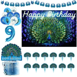 Cartoon Grace Blue Peacock Birds Birthday Party Decoration Supplie Cake Decoration Banner Numbers Balloon Background Baby Shower