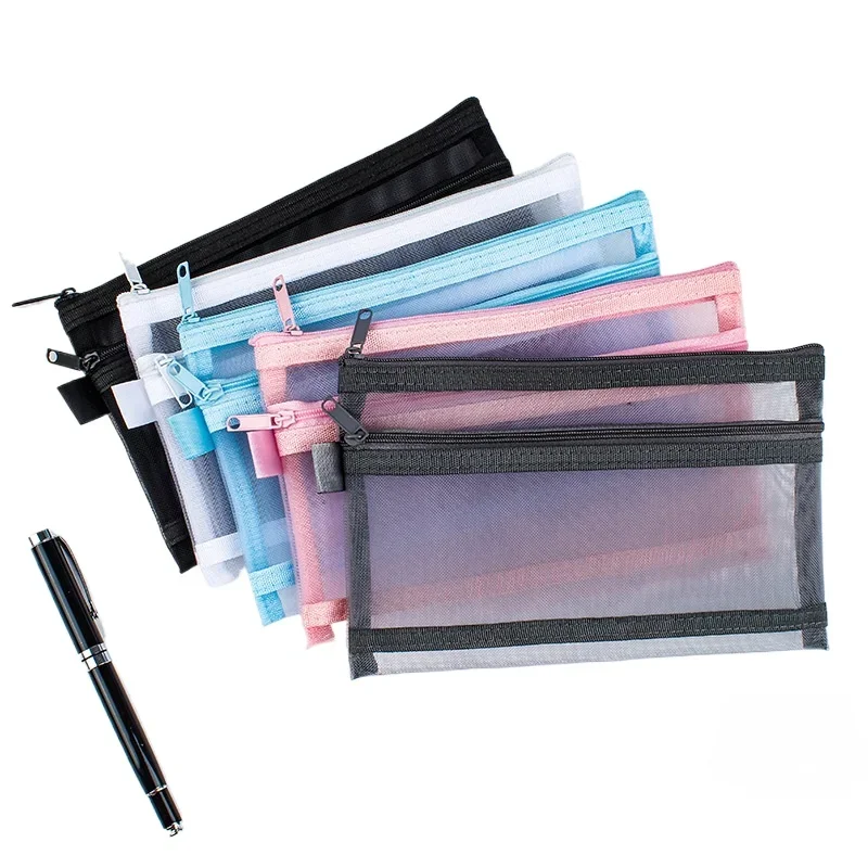 Double Layer Mesh Pencil Bag High Capacity Zipper Stationery Pens Organizer Bag Multipurpose Nets Toiletry Kits Nylon Pens Case