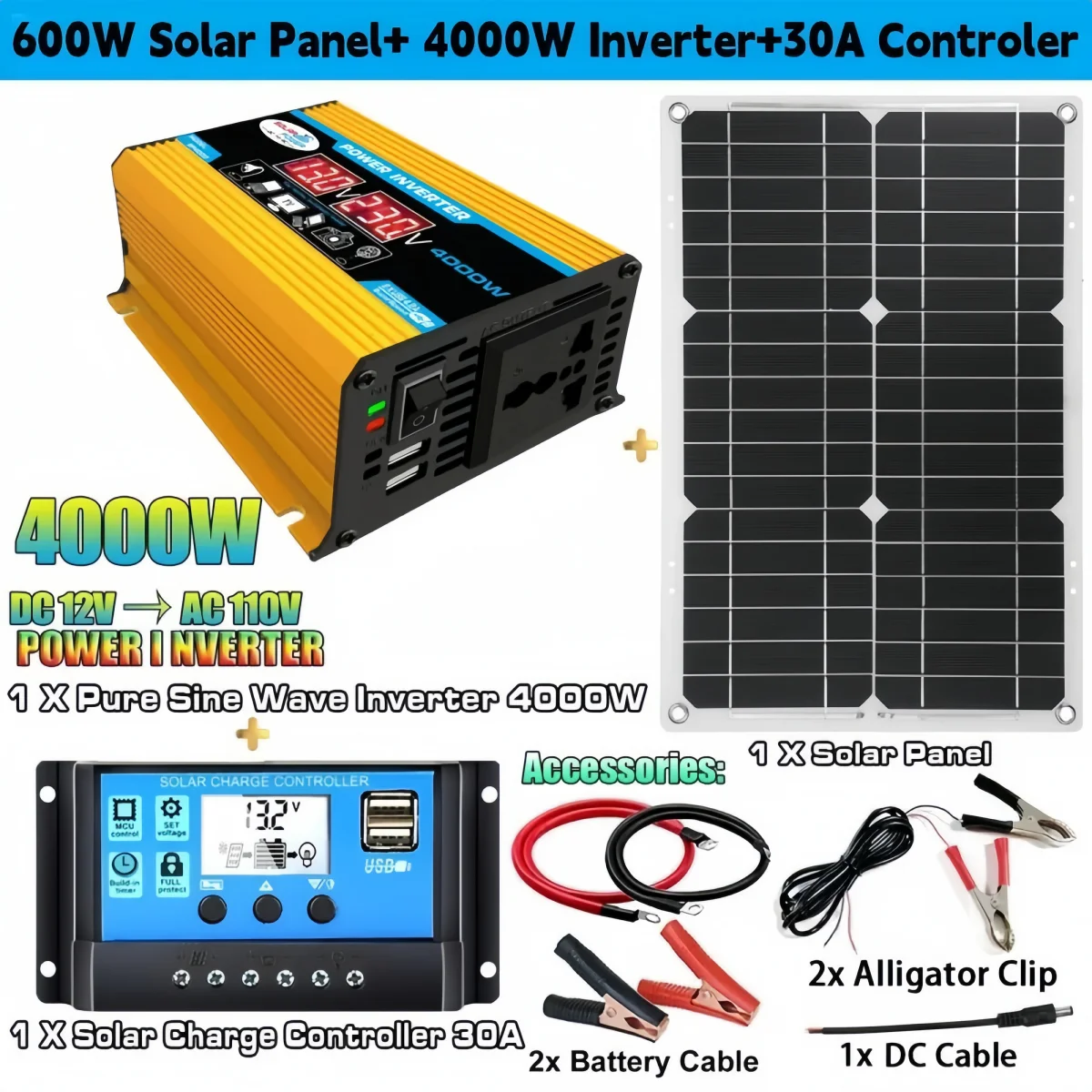 System paneli słonecznych 12 V do 110 V/220 V Panel słoneczny 12 V Kontroler ładowania akumulatora Zestaw falownika słonecznego 4000 W Kompletna generacja energii
