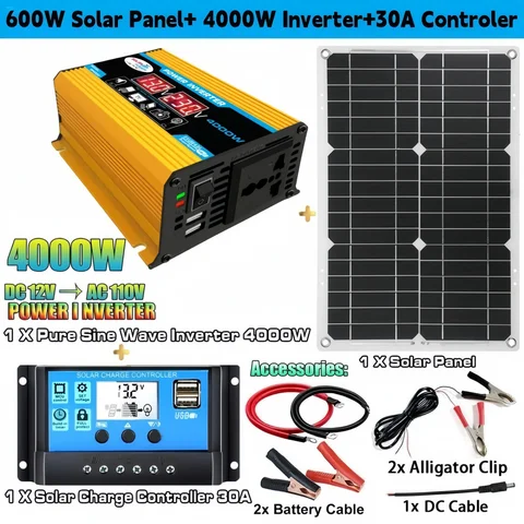 12V ~ 110V/220V 태양 전지 패널 시스템 12V 태양 전지 패널 배터리 충전 컨트롤러 4000W 태양 광 인버터 키트 완전한 발전