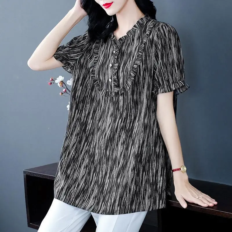 Office Lady Vintage Ruffles Patchwork Shirt Women\'s Clothing Korean Loose Stylish V-Neck Button Summer Casual All-match Blouse