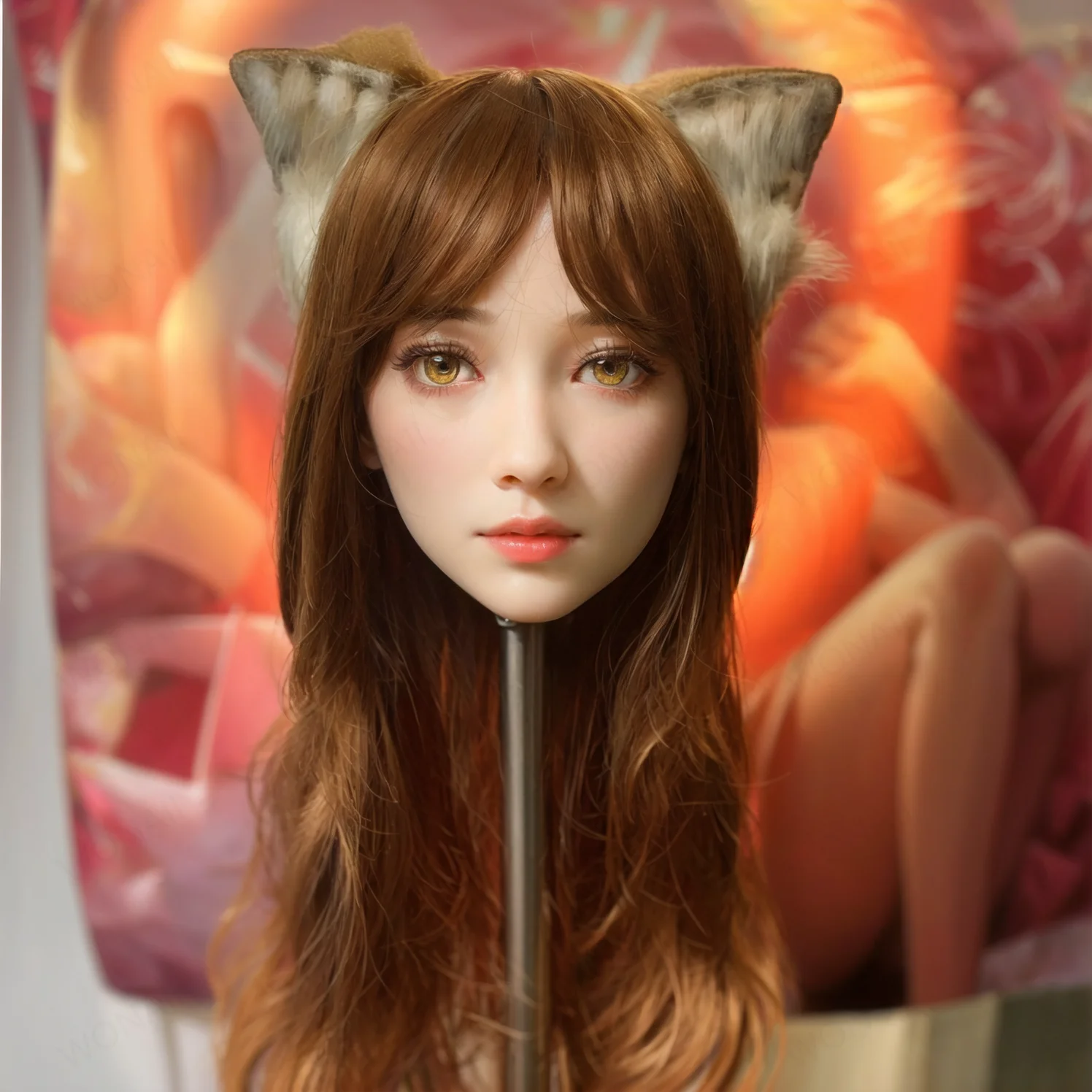 Realistic TPE model headpiece with detachable brown wig and cat ears - Makeup practice mannequin for hair styling, makeup displa