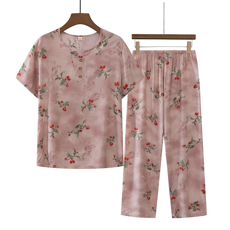 Grandma Summer Outfit Short Sleeve Sleepwear Women's Pajamas Sets Home Wear Two-piece Cool Conjuntos De Pijama Feminino XL-4XL