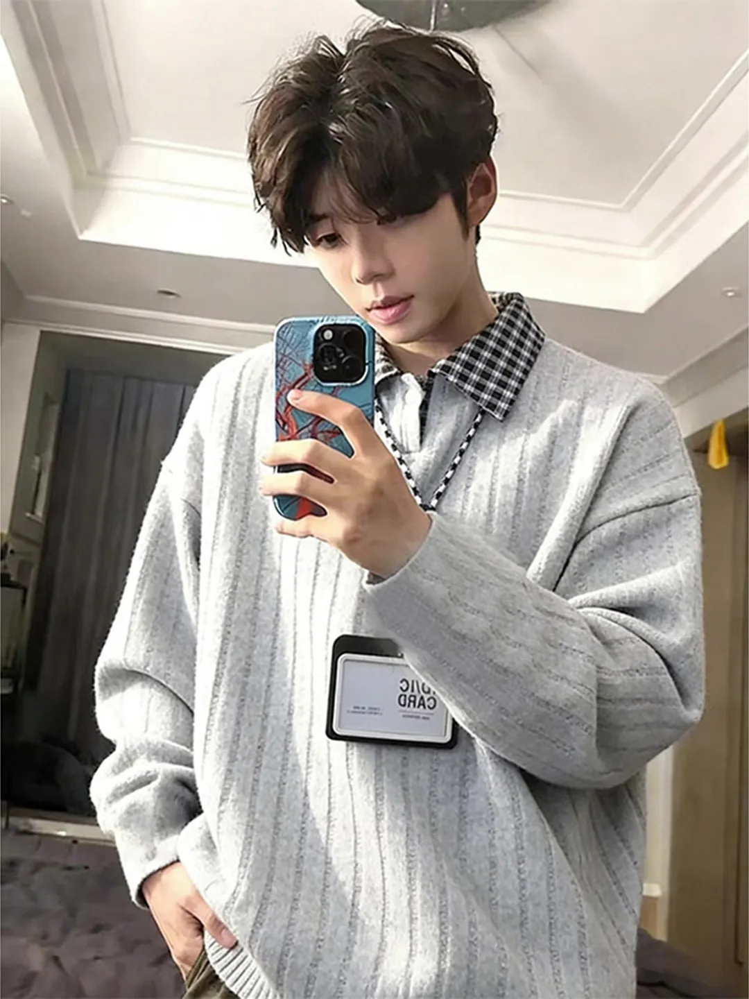 

Faux Two-Piece Hoodie Long Sleeve Fleece Lined Inner Wear for Men Autumn Winter Plaid Shirt Casual Loose Fit Streetwear