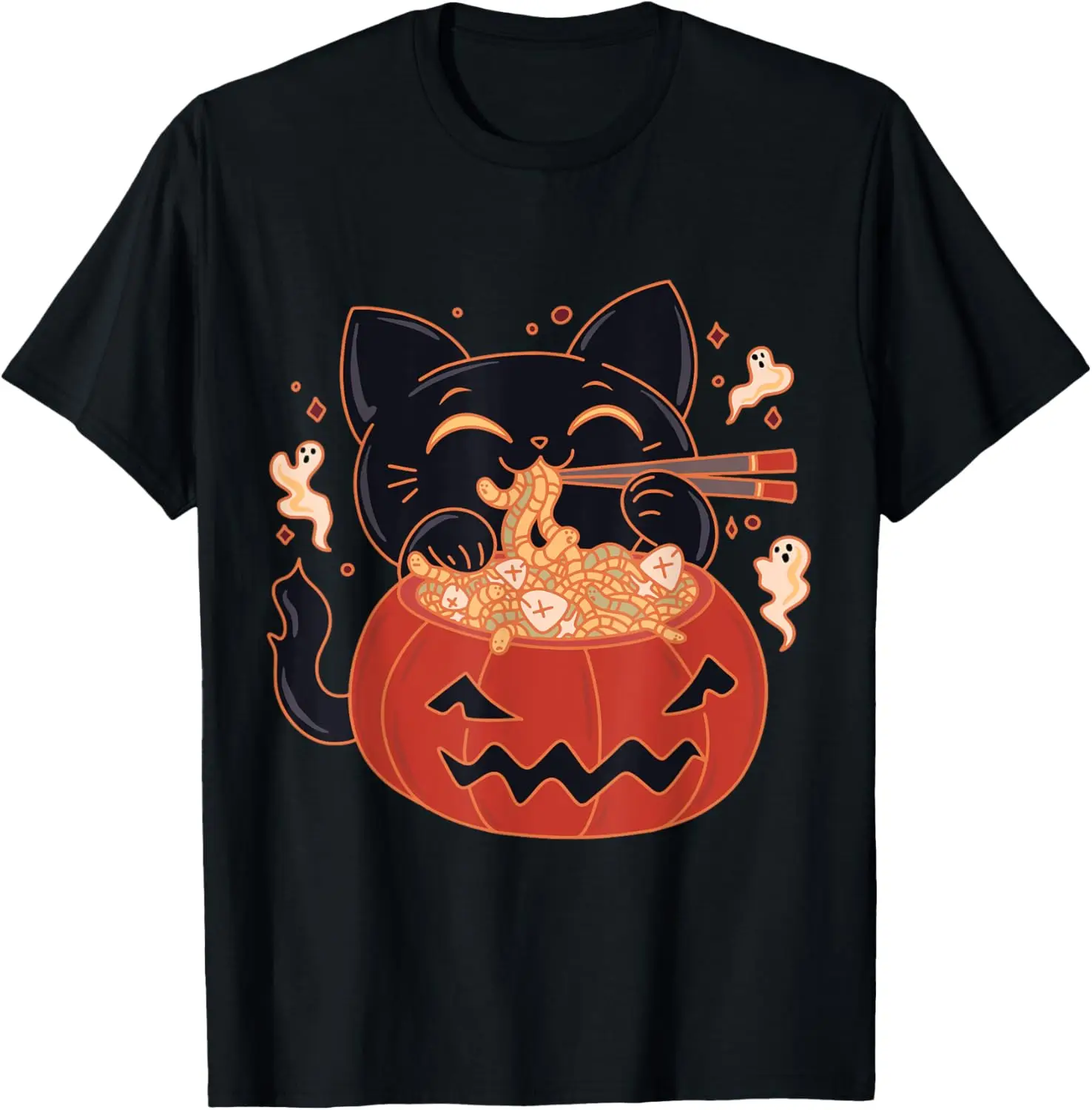 Creepy Kawaii Cat Eating Worms Ramen Noodles Halloween Kids T-Shirt