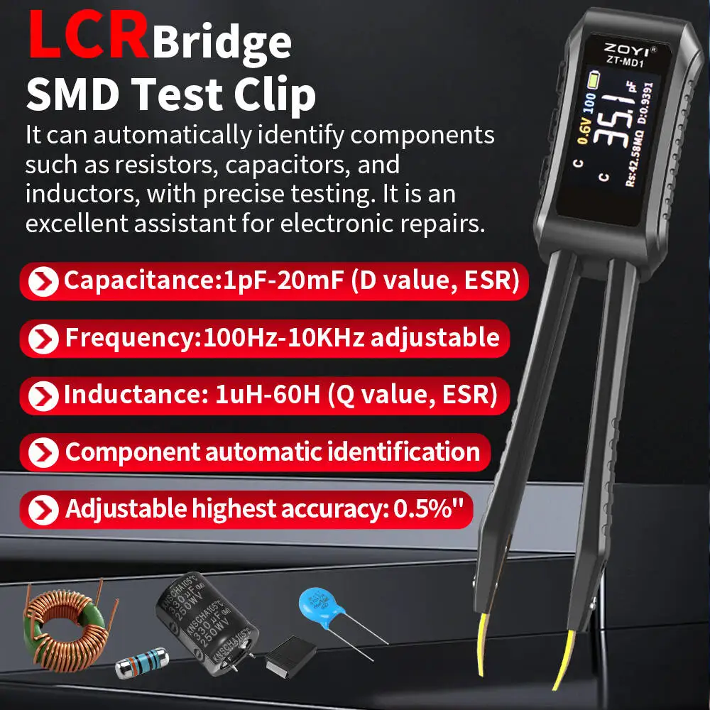 ZOYI LCR-MD1 Smart Identification Tester for Resistors, Capacitors, and Inductors - SMD ESR Tester and Diode Continuity