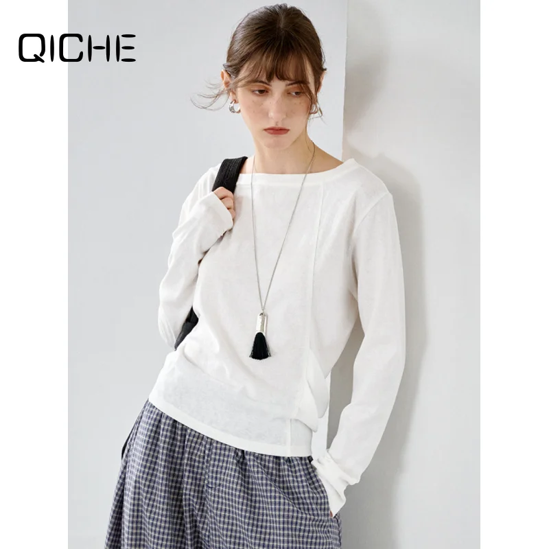 QICHE 2026 Early Fall Old Money Relaxed Linen Top Women Asymmetrical Hem Off Shoulder Cotton Linen Long Sleeve Tee