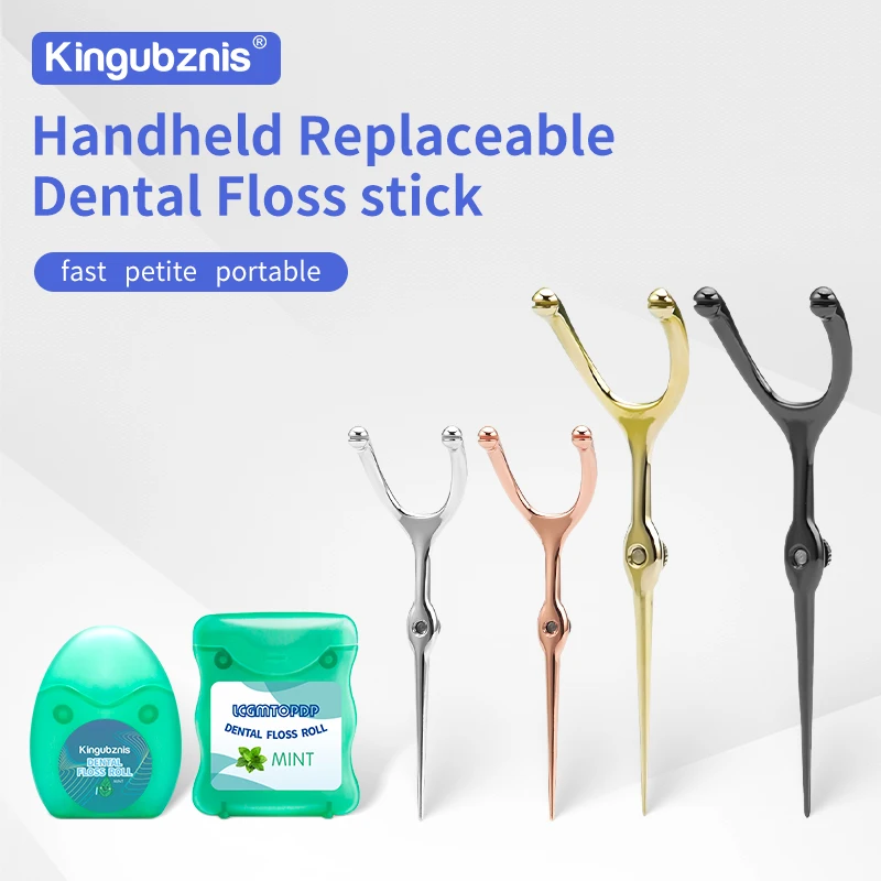 Y-shaped Dental Floss Holder Stainless Steel 50M Floss Tooth Cleaner Flossing Stick Replaceable Floss Set