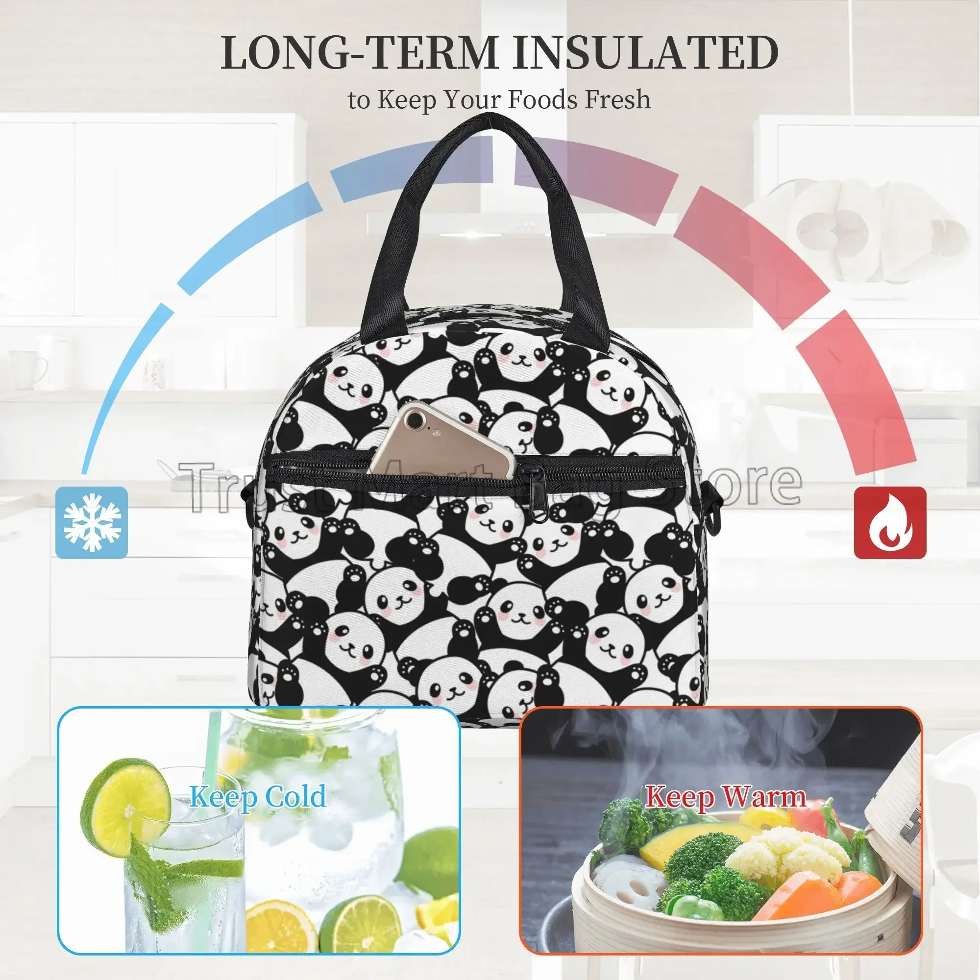 Cute Panda Insulated Lunch Bag for Girl Cartoon Animal Print Thermal Lunch Box Reusable Cooler Bento Tote for Work School Picnic