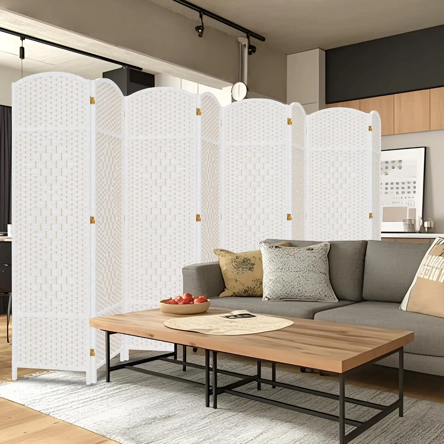 8 Panel Woven Privacy Screen, 6 FT Folding Room Divider, 360° Freestanding Wood Partition for Home Office, Customized