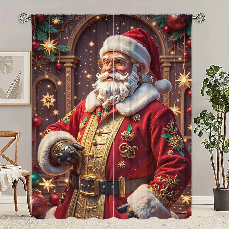 

2pcs- Christmas Santa Claus Christmas tree pattern printed curtains, Christmas decorations, home decorations, room decorations