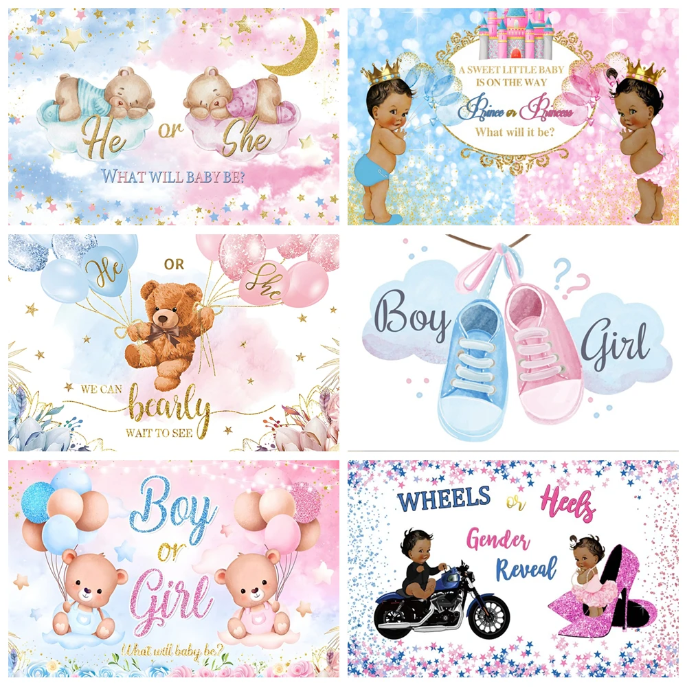 

Gender Reveal Party Backdrop Boy Or Girl Blue Pink Balloon Elephant Bear He Or She Baby Shower Birthday Photography Background