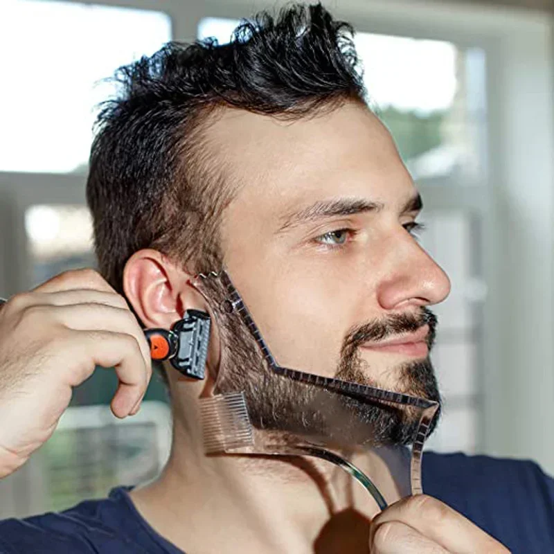 

Beard and Moustache Care Comb for Hairdressing, Shaping, Styling with Transparent Appearance and Template Ruler