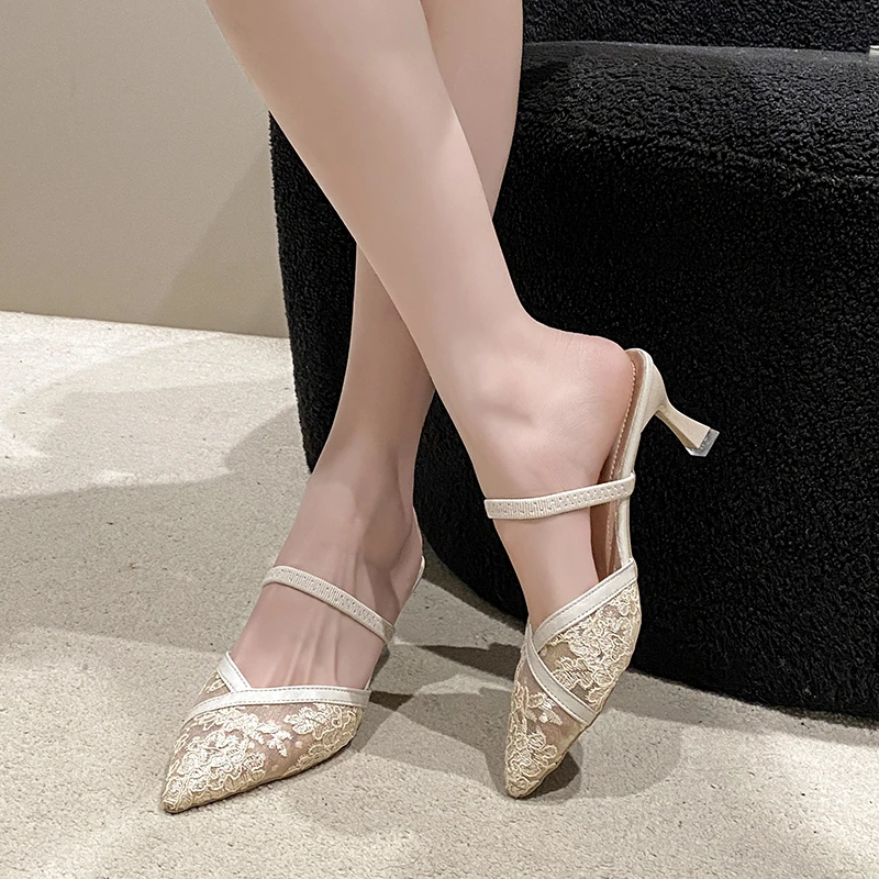 Sexy lace one-strap fashion slippers Women's new summer style high-heeled pointed-toe French-style back-swept slippers Plus-size view 6