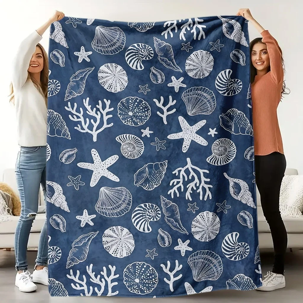 Coastal Ocean Nautical Throw Blanket Navy Blue Sea Life Coral Pattern Beach Decorative Cozy Lap Blanket