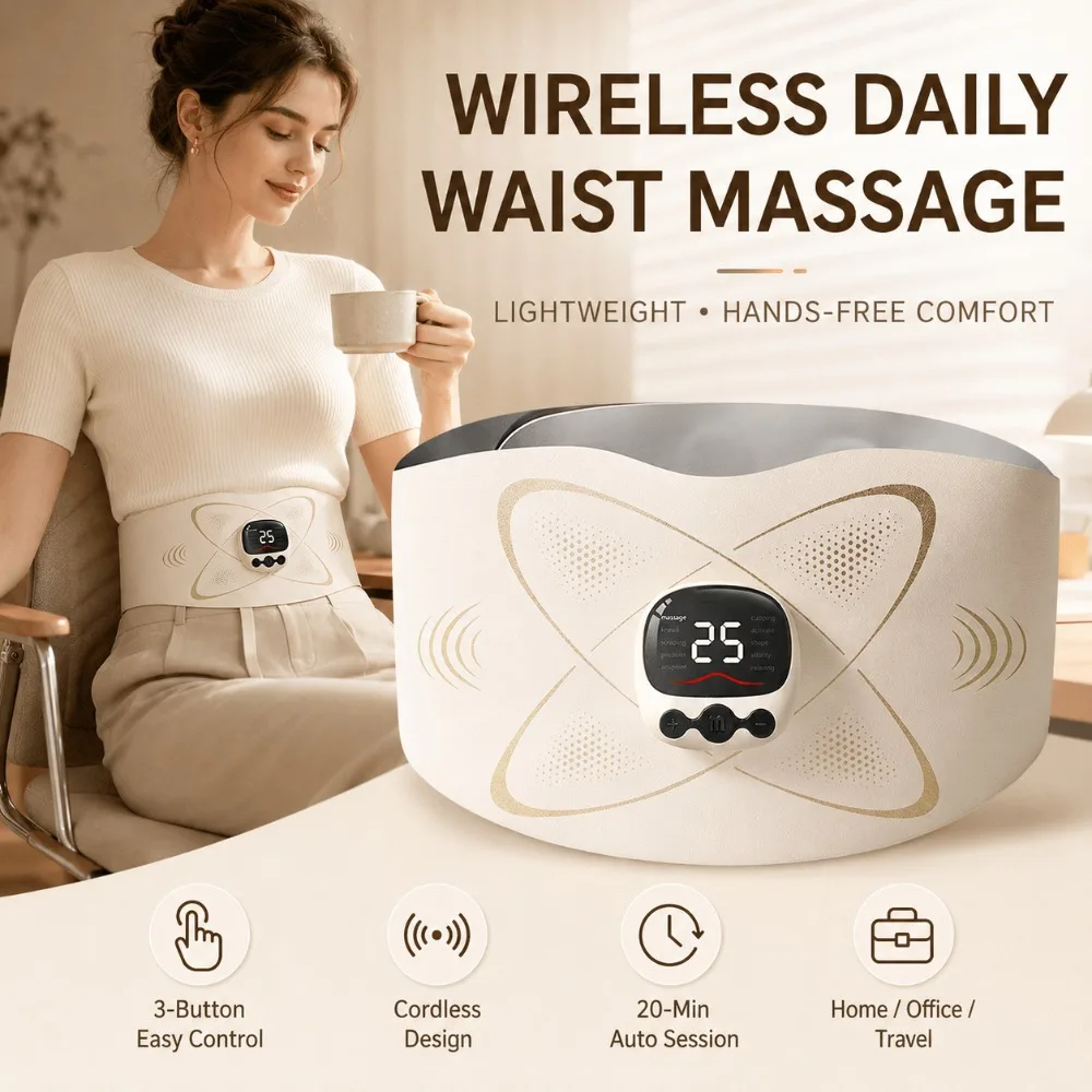 Electric EMS Waist Massage Belt,Wireless Pulse Massager,Hot Compress,25 Levels 10 Modes,Body Shaping Abdominal Muscle Stimulator