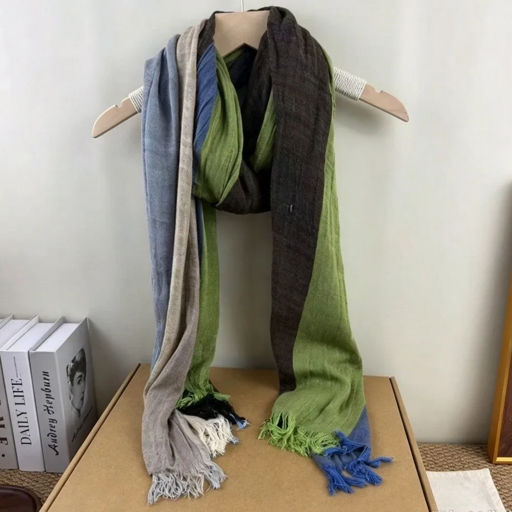 Color Block Striped Cotton Linen Scarf Soft Crinkled Fringe Polyester Neck Wrap Dual-Use Large Size Neck Warmer Spring