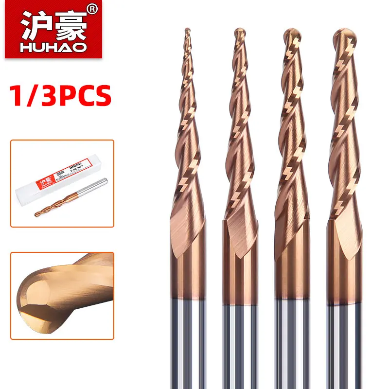 HUHAO 1/3PCS Ball Nose End Mills Spiral Tapered Ball Nose End Mill 3D Carving Bits Carbide CNC Milling Cutter Wood Router Bits