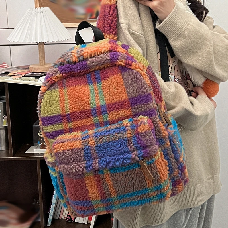 Fluffy Backpack Large Capacity Daypack Multi-Pocket Laptop Pack Winter Soft pack Women Plush School Backpack Vintage Plaid Bag
