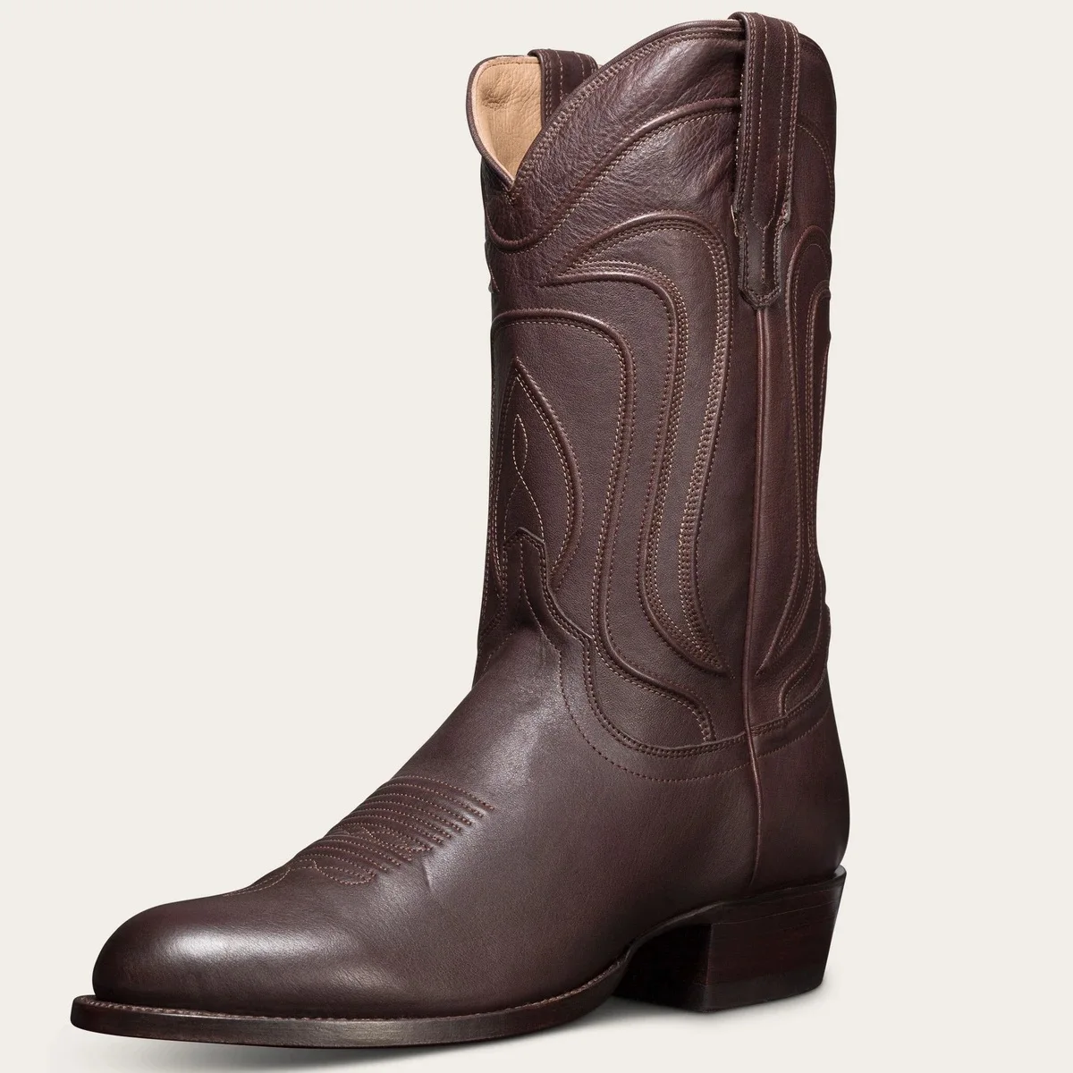 Men's Brown Leather Embroidered Western Cowboy Boots Pointed Toe Block Heel Mid-Calf Boot Vintage Country Boots for Daily Wear