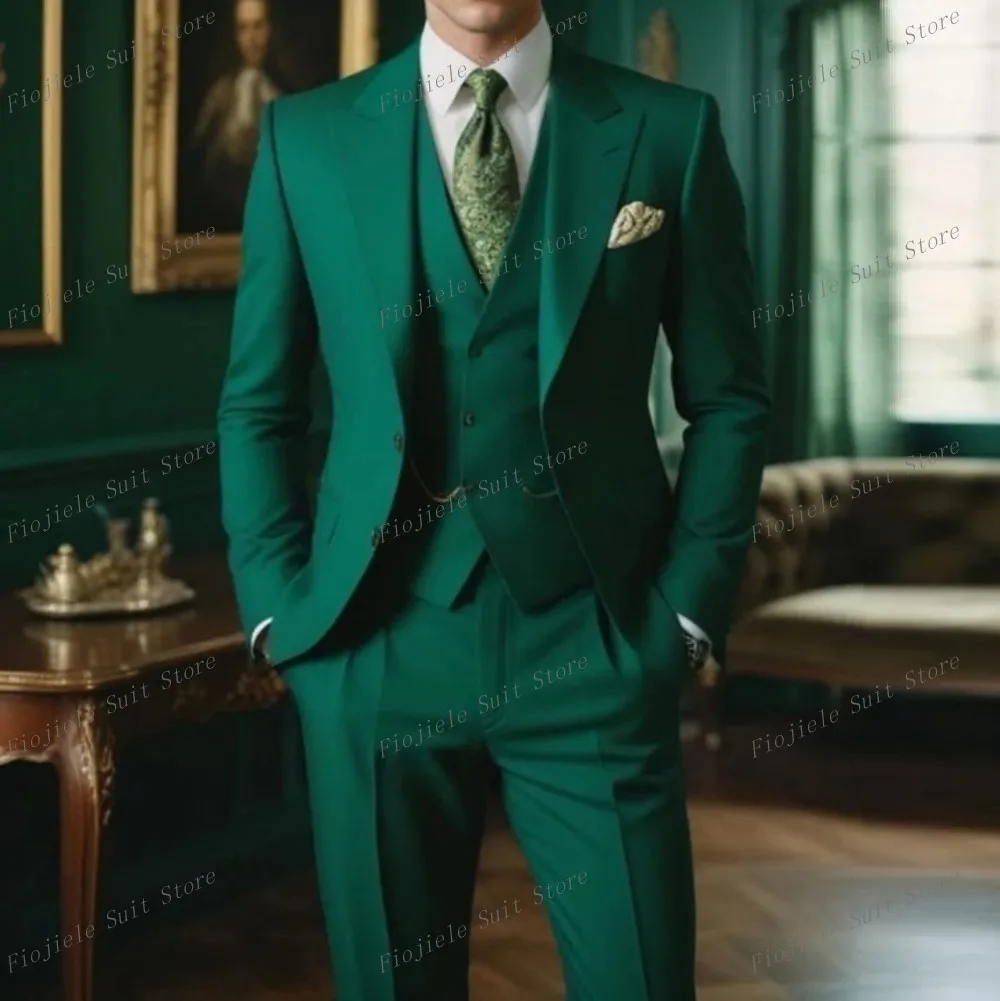 

Dark Green Men Suit Business Tuxedos Formal Occasion Groom Groomsman Wedding Party Prom Male 3 Piece Set Blazer Vest Pants