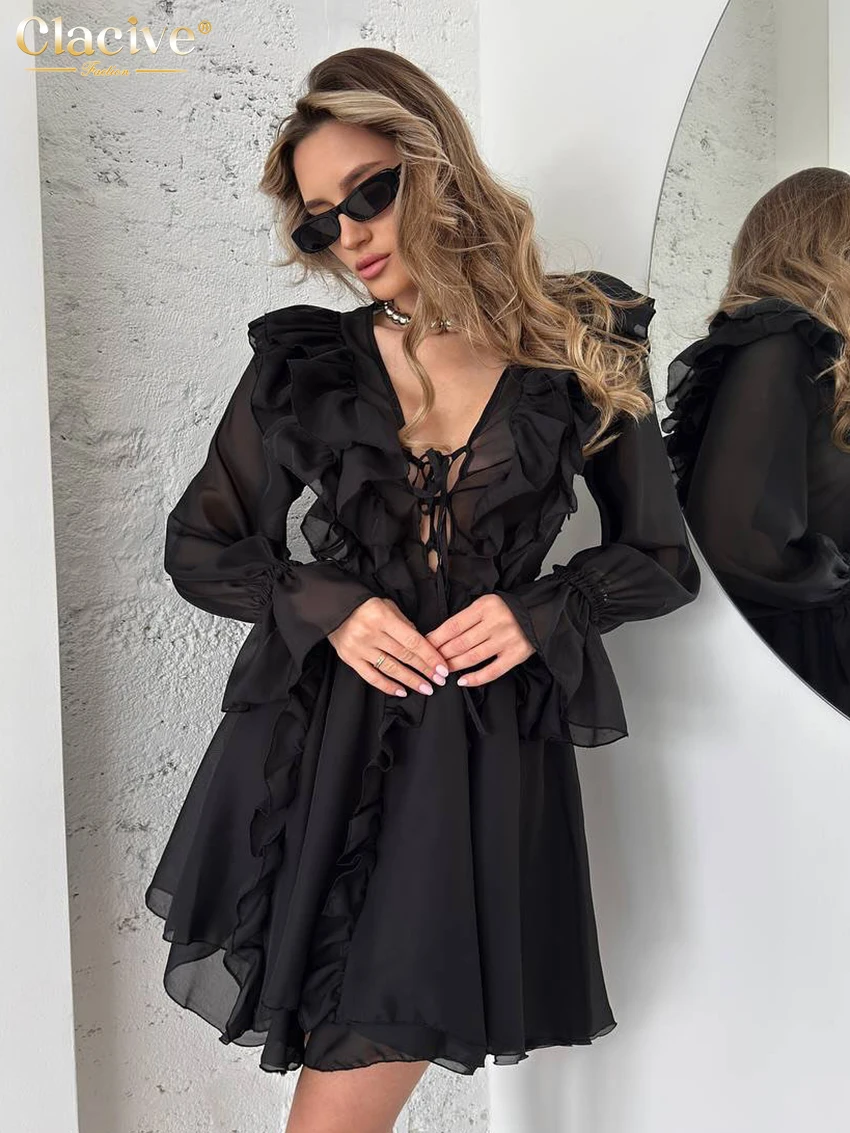 

Clacive Sexy Loose Black Women's Dress 2025 Fashion V-Neck Long Sleeve Mini Dresses Elegant Classic Ruffle Solid Female Dress