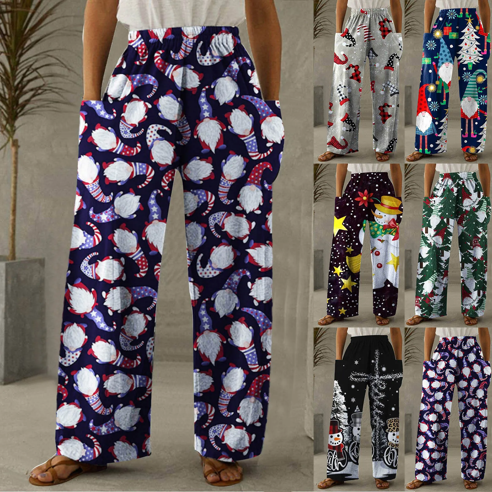 Christmas Women Wide Leg Pants High Wiast Gym Leggings Ladies Xmas Cartoon Trousers Elastic Waist Solid Pocket Pantalones