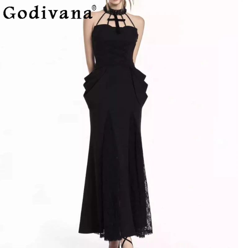 

Spring Summer New Sexy Slim Gothic Black Gothic Sleeveless Dresses Fashion High Waist A-line Lace Versatile Halter Neck Dress