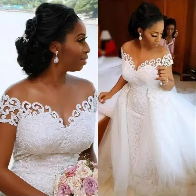 

Customized Nigerian Mermaid Wedding Detachable Train Lace Up Design Short Sleeve Bridal Gowns Dresses