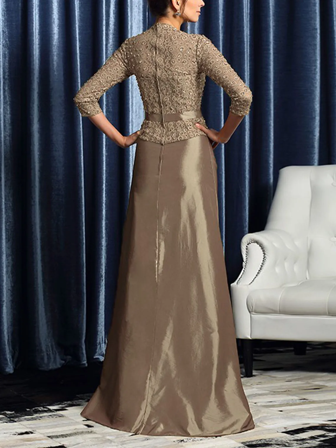 ファッション エレガント Aライン 花嫁の母 タフタ Vネック フロアレングス スパンコール サッシュ 結婚式のゲストドレス 2025 無料カスタマイズ