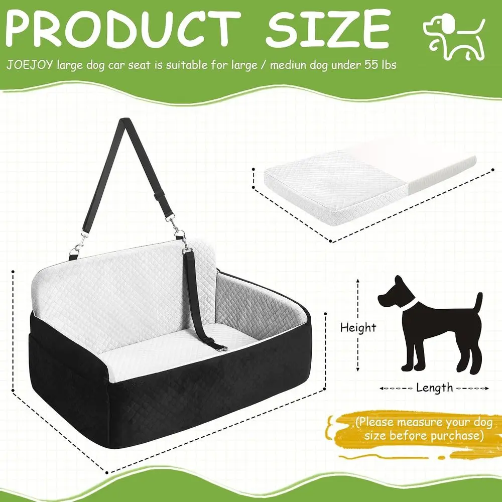 Large Dog Car Seat with Thick Memory Foam, Safety Leashes, and Storage for Dogs up to 55 lbs or 2 Small Dogs (Gray)