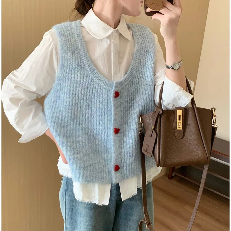 

6 Colors Autumn Winter Heart Single Breasted Sleeveless Sweater Vest Women 2025 Korean Fashion Knitted Cardigan Waistcoats Tops