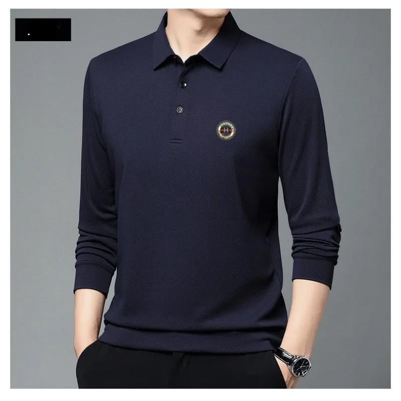 Spring Autumn Men's Pullover Turn-down Collar Solid Button Epaulet Long Sleeve T-shirt Polo Bottom Fashion Casual Formal Tops