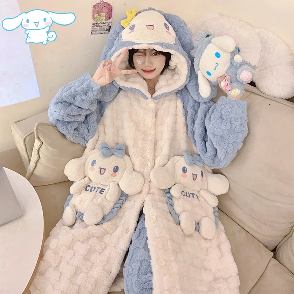 Kawaii Hello Kitty Kuromi Cinnamoroll 2Pcs Women's Plush Pajamas Robe Set Sanrioed Winter Cartoon Hooded Thickened Homewear Soft