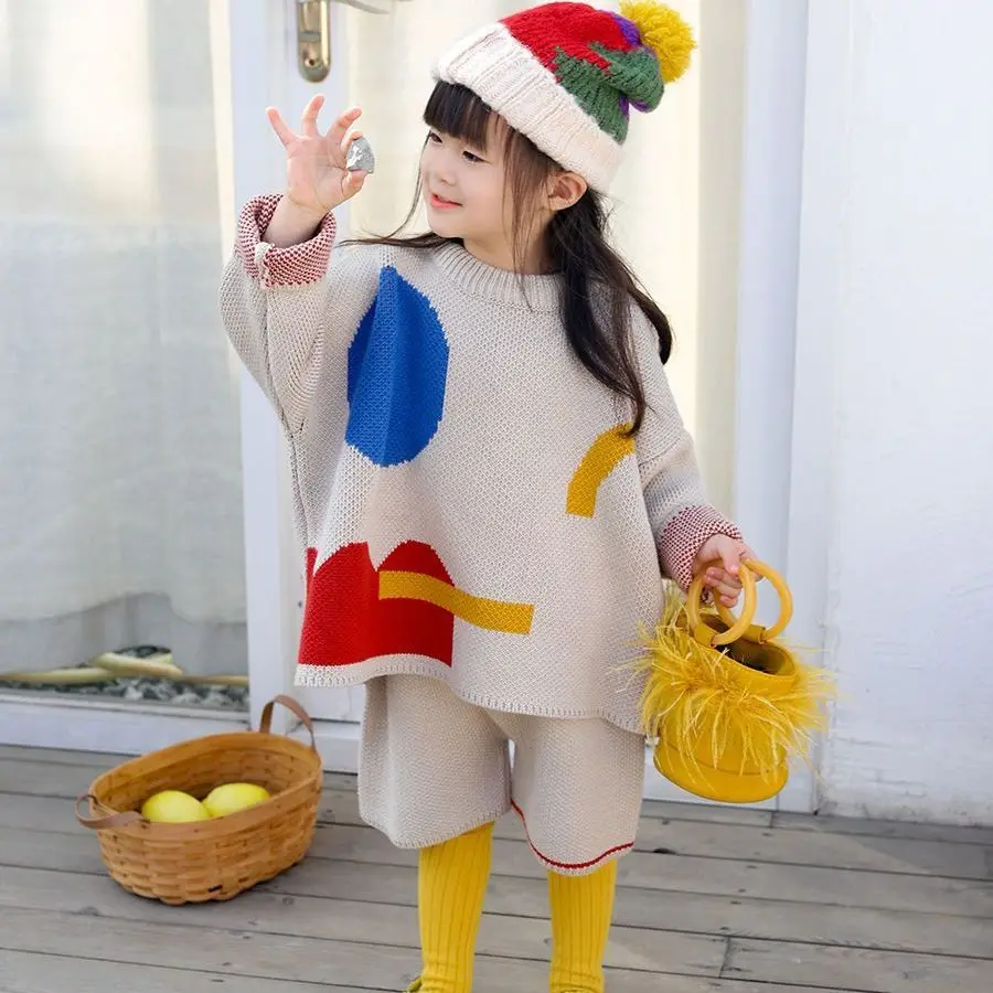 Childrens Sets Girls Knitting Fashion New Clothing Baby Autumn Clothes Fashion Contrasting Colors Sweater Striped