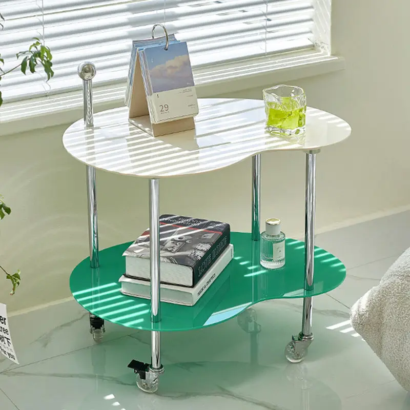 

2-Layer Mobile Trolley Coffee Table Acrylic Storage Shelf Lockable Wheels Stainless Steel Frame Trolley Cart Side Table