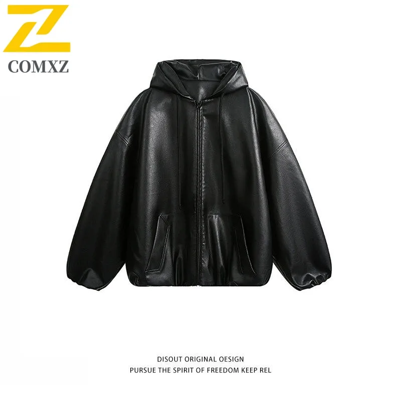 

COMXZ Men Jacket Fashion Versatile Hooded Travel Motorcycle Leather Jacket Street Style Lightweight Autumn PU Leather Garment