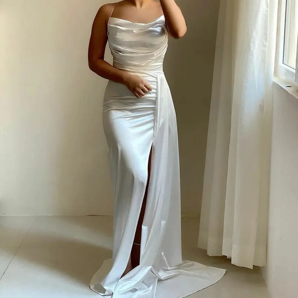 

Customized Fashion Straight Floor Length Strapless Spaghetti Straps Jersey Pleats Evening Dress Temperament vestidos para mujer