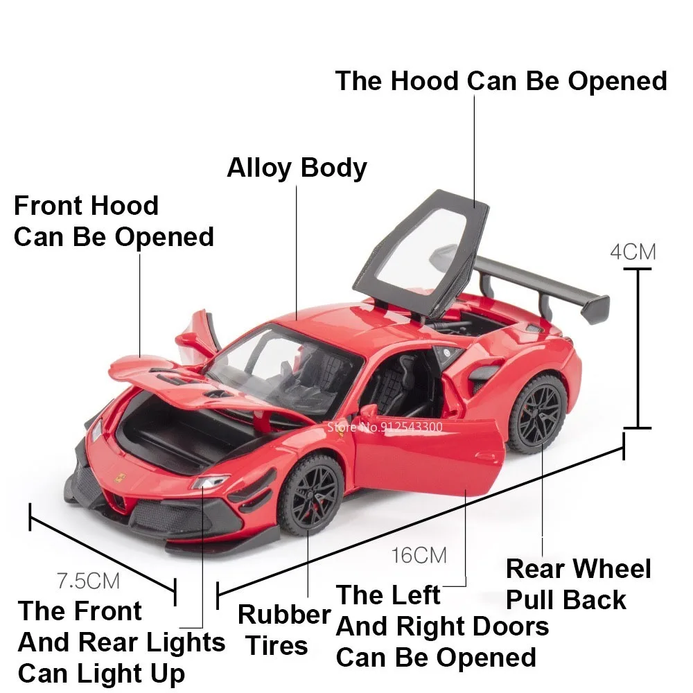 1:32 488 Toy Alloy Diecast Sports Car Model Toy with Rear Wheel Pull Back Rubber Tires Toys Vehicle Boy Birthday Collection Gift