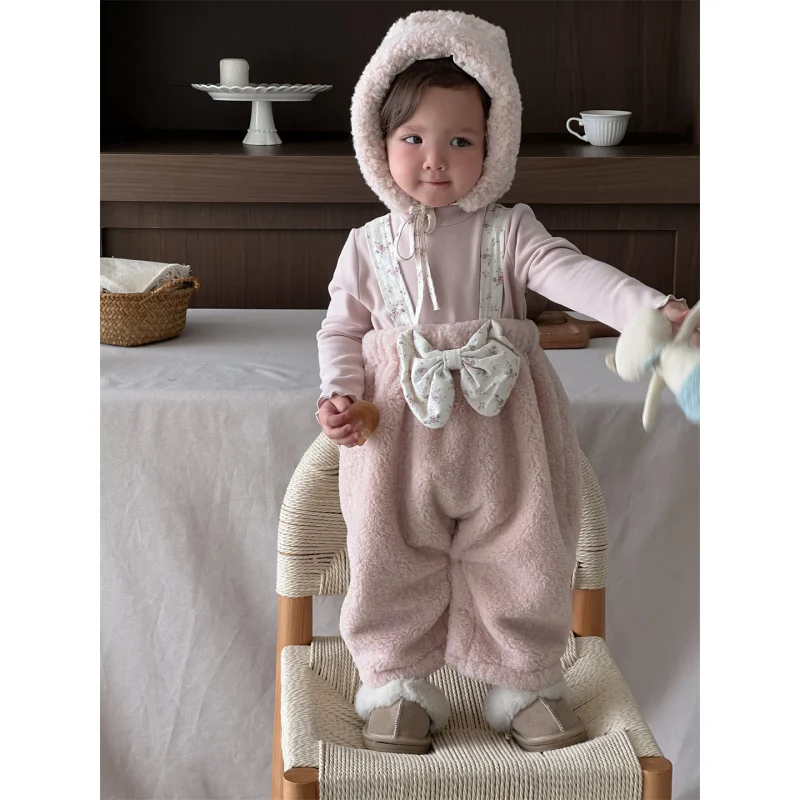 

Girls' Fleece-Lined Base Shirt and Overalls Set Winter New Children's Clothing Baby Winter Outfit Kids