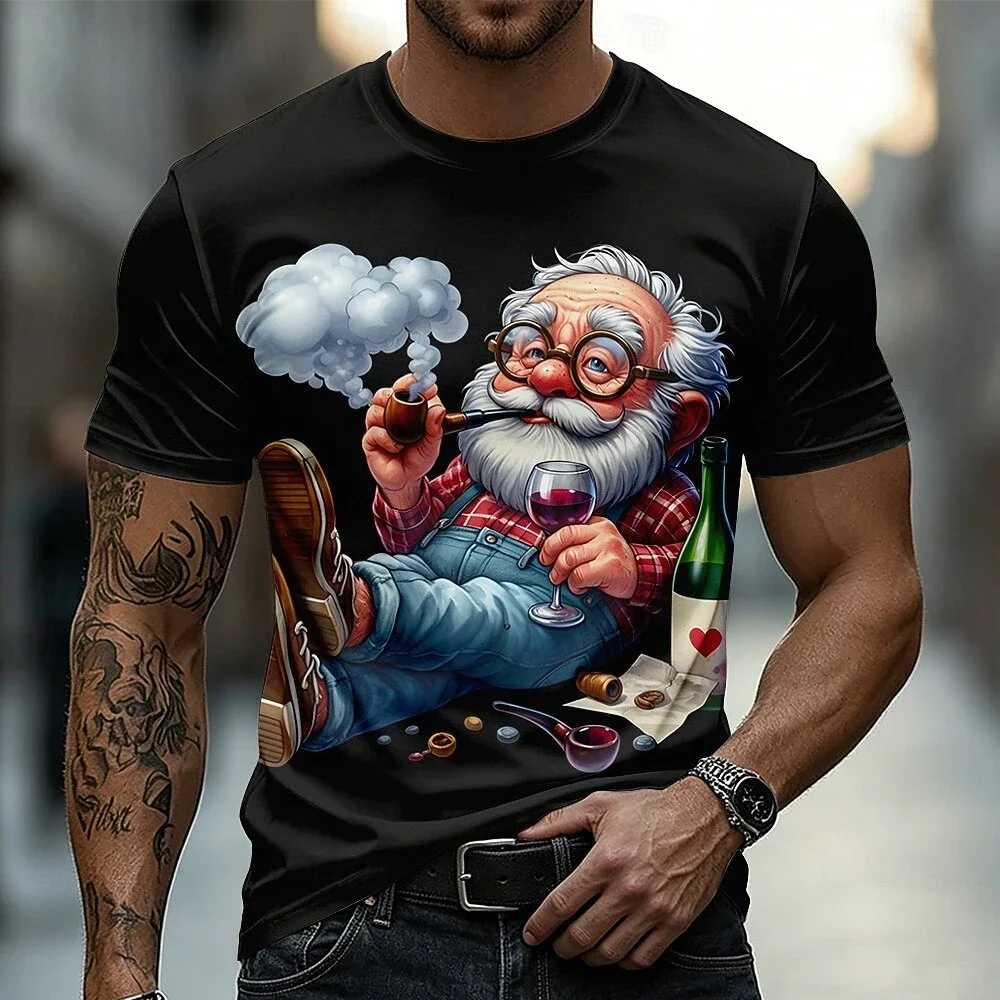 3D-Druck Lustiges Weihnachtsmann-Wein-Cartoon-T-Shirt für Herren, lässiges Grafik-Kurzarmshirt, Sommer-Personality-Oberteil, Rundhals-T-Shirt