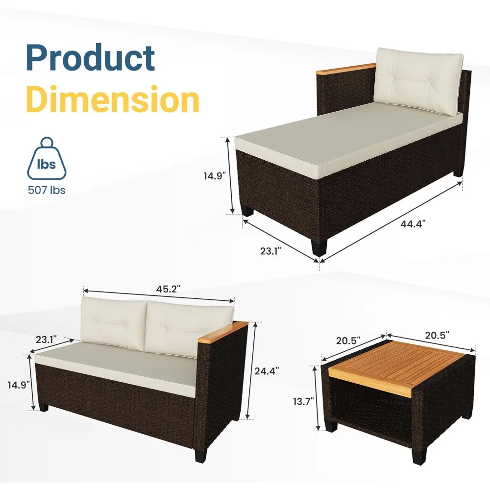 Conjunto de móveis para pátio externo de vime PE para todos os climas, sofá em forma de L de 3 peças com mesa de armazenamento