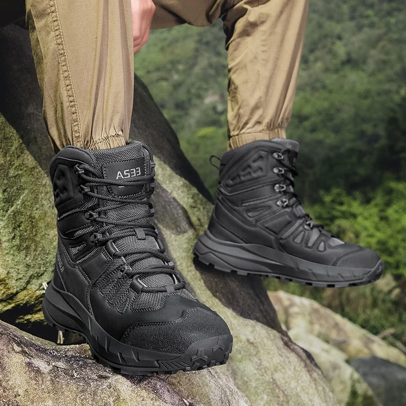 Men's Outdoor High-top Hiking Boots Outdoor Anti-slip Work Boots High‑top Collar Provides Firm Ankle Support Against Sprains