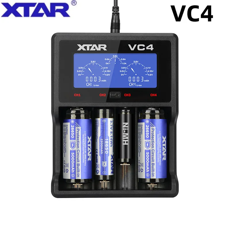 XTAR VC4 Battery Charger Universal LCD Screen Display USB Ni-MH/Ni-CD Li-ion 1.2V AAA AA fast Charger 18650 20700  21700 22650