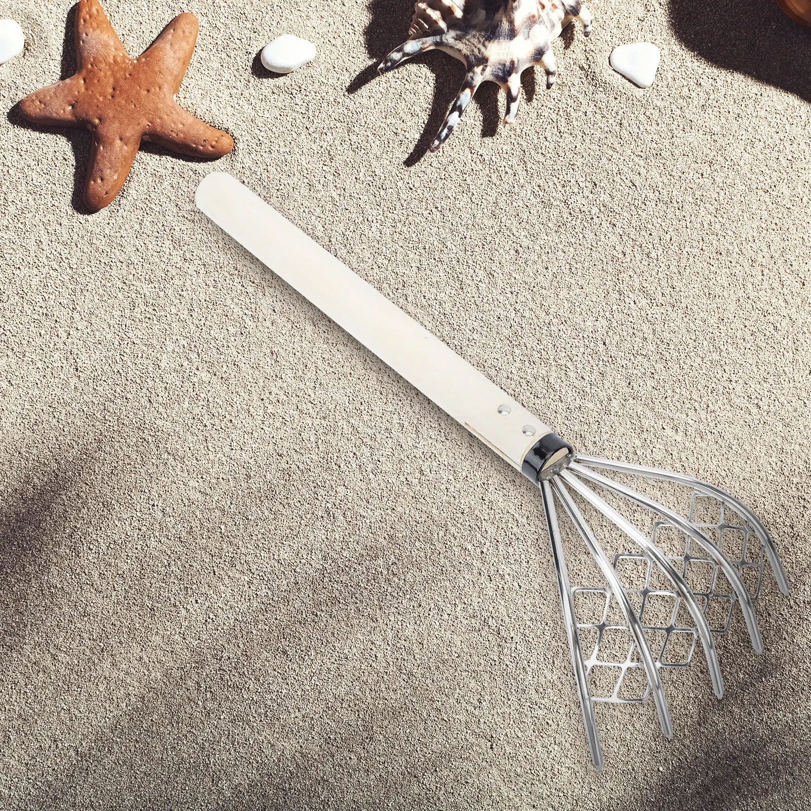 1Pcs Heavy Duty Stainless Steel Clam Rake with Net 5 Claw Wood Handle Soil Loosening Tool Outdoor Seaside Clam Digger Tool