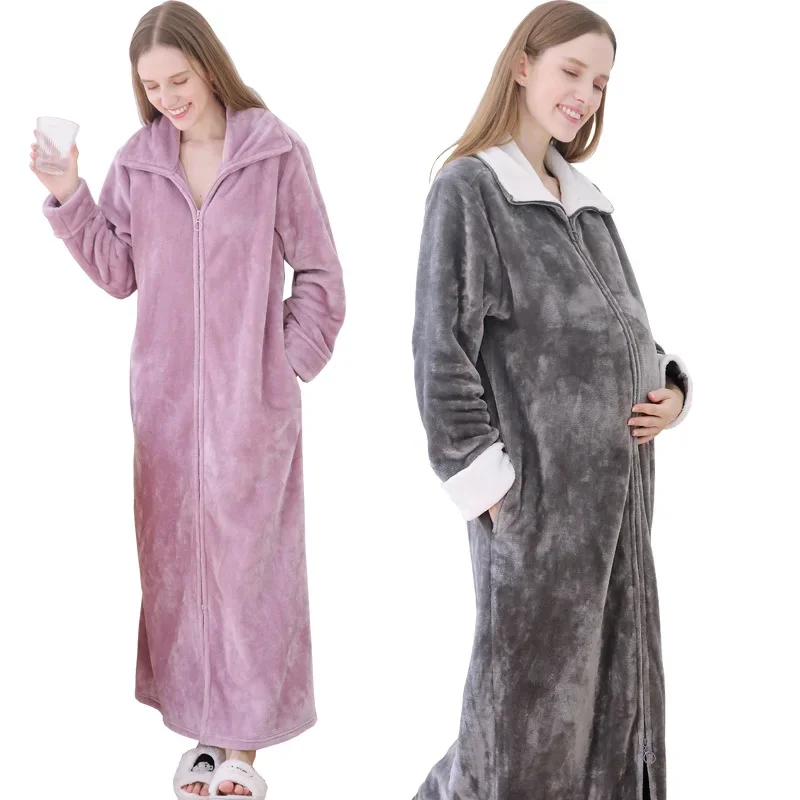 Women Ultra Long Plus Size Thick Warm Bathrobe Lovers Winter Thermal Flannel Bath Robe Men Robes Pregnant Zipper Dressing Gown