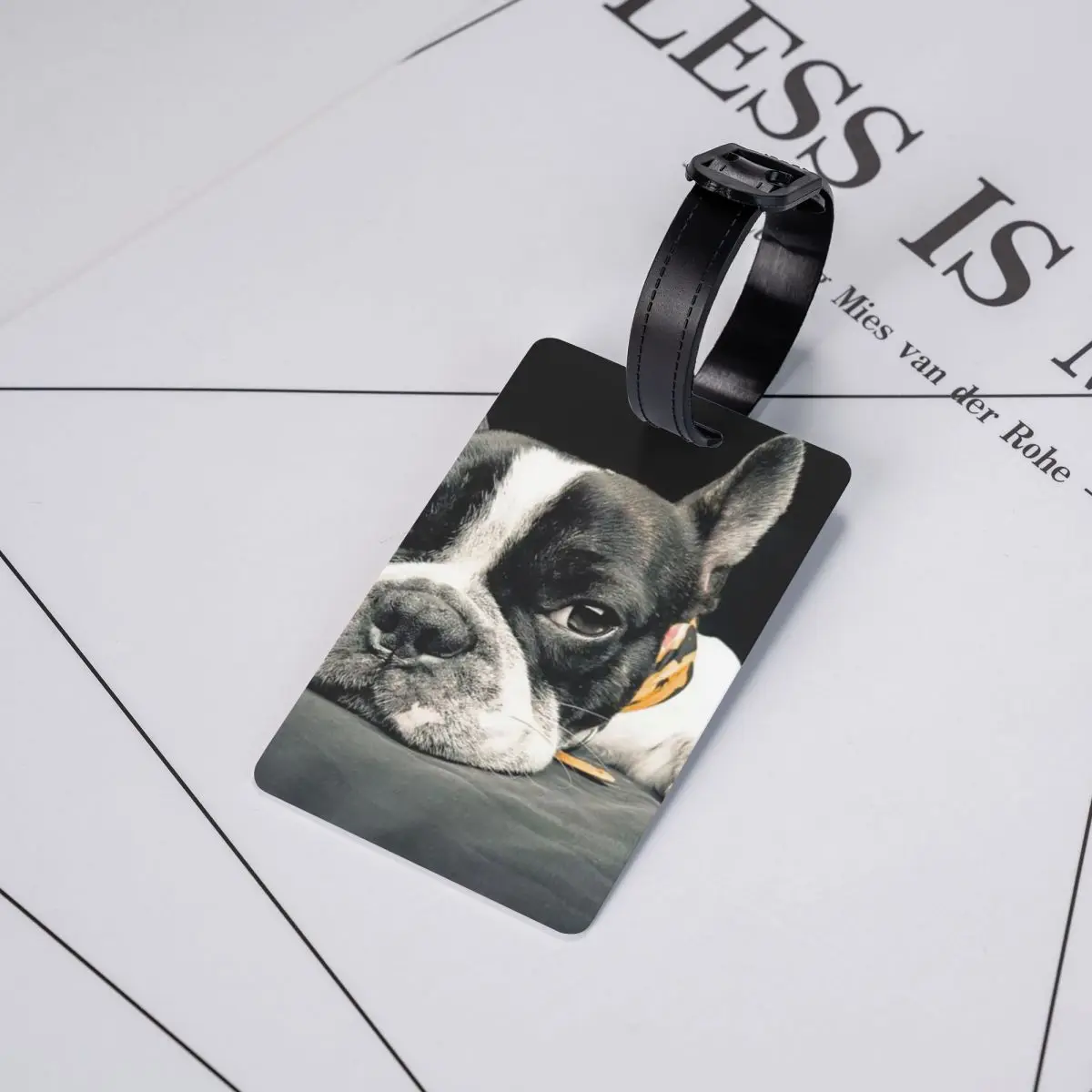 Czarne zawieszki na bagaż z motywem bostoniela, akcesoria do walizek, etykiety na bagaż podróżny, identyfikatory do bagażu, uchwyt na etykiety z imieniem, nazwiskiem i adresem.