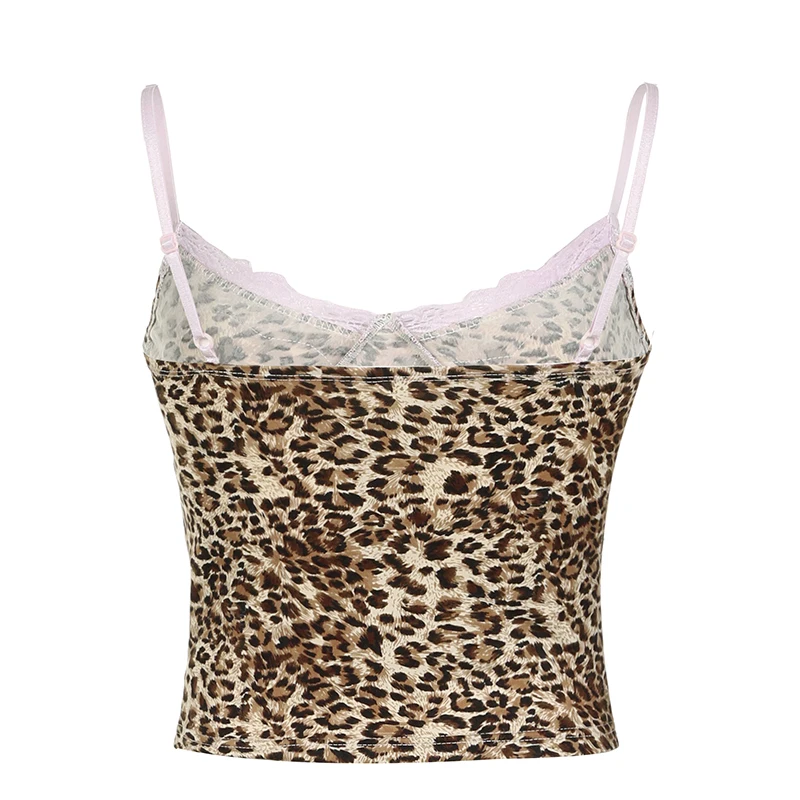 Cuteandpsycho Lace Patchwork Y2K Camisole Leopard Print Sleeveless Backless Aesthetic Bustiers Vintage Fairycore Grunge Crop Top