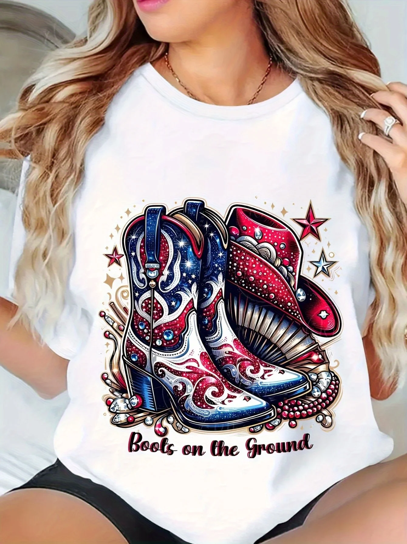 

Women'S Western Women Graphic T-Shirt-"Where Them Fans At Boots On The Ground" Design with VibrantGeometric Patterns