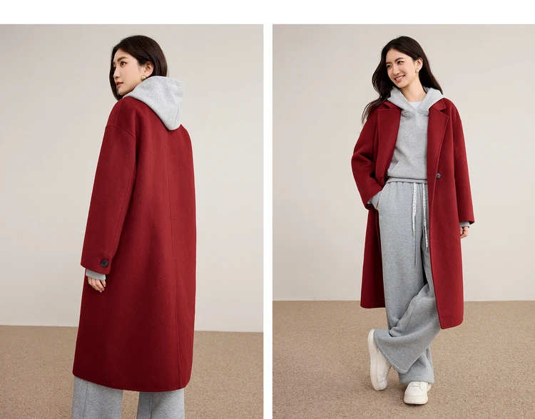 SENTUBILA Damen 100% Wolle Doppelseitiger Mantel Winter 2026 Anzug Reverskragen Klassischer Pendlerstil Langer Übermantel W54OA8779 – Detail 33